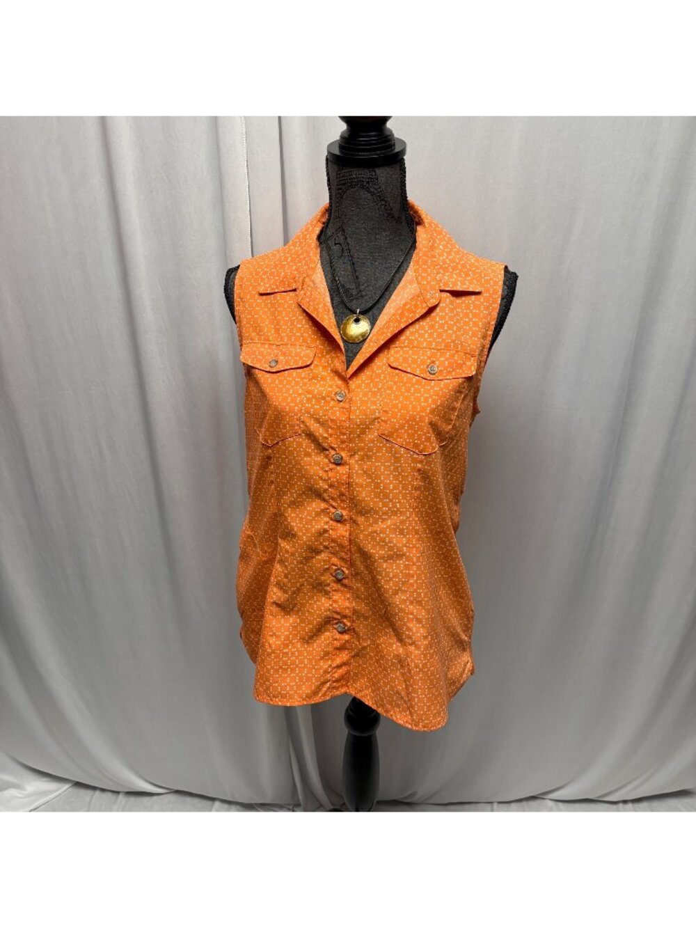 Eddie Bauer Sleeveless Button Up Blouse Womens Sz Small Orange Polka Dot Casual
